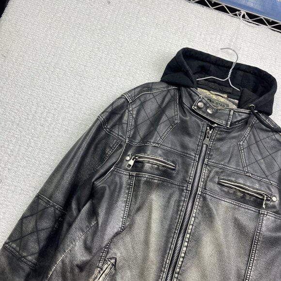 VTG B-STAR Faux Leather Moto jacket Distressed Punk Military Quilted Hood Sz S** - Picture 4 of 14